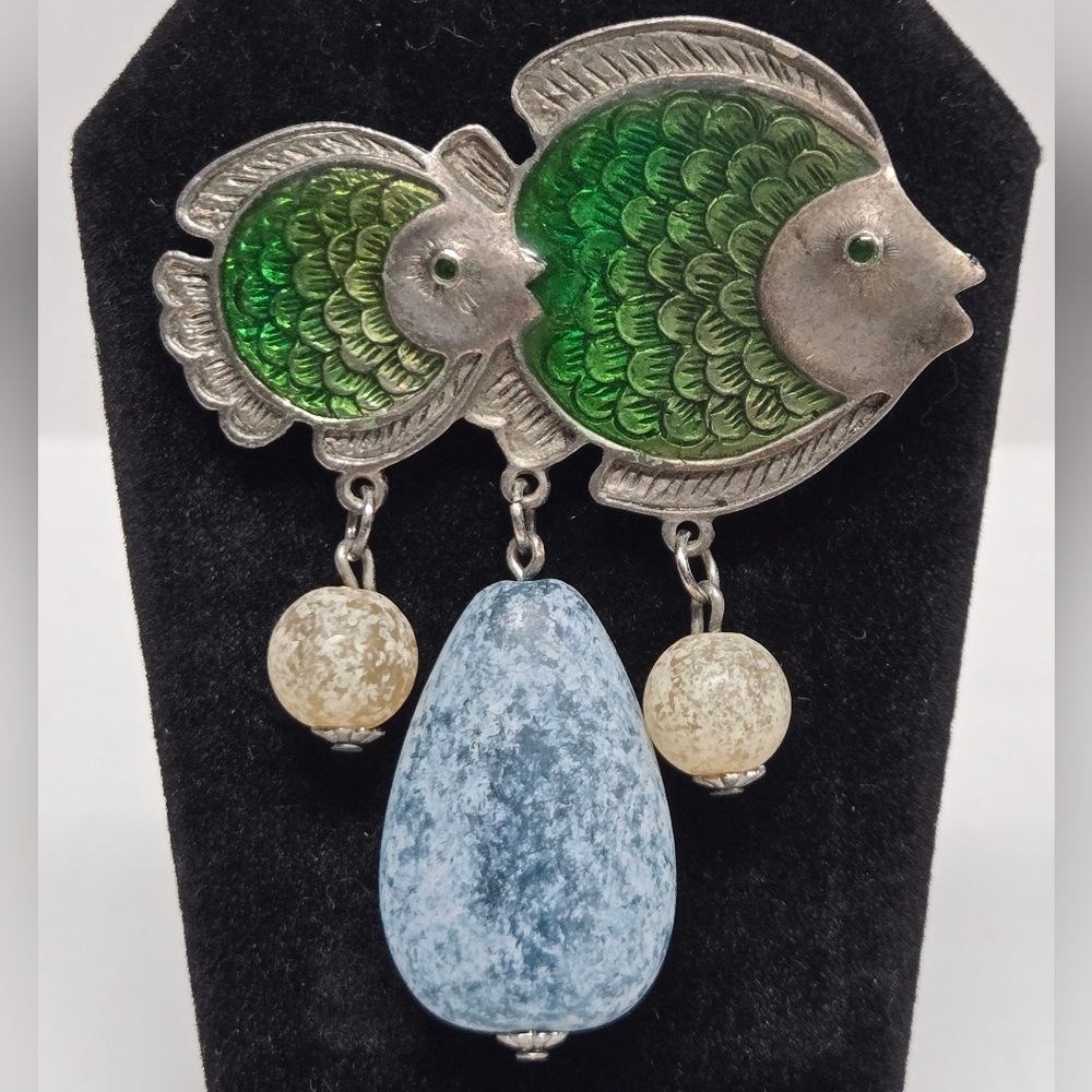 Vintage Craft Silver and Green Enamel Fish Brooch 2 3/4" x 2 1/4"